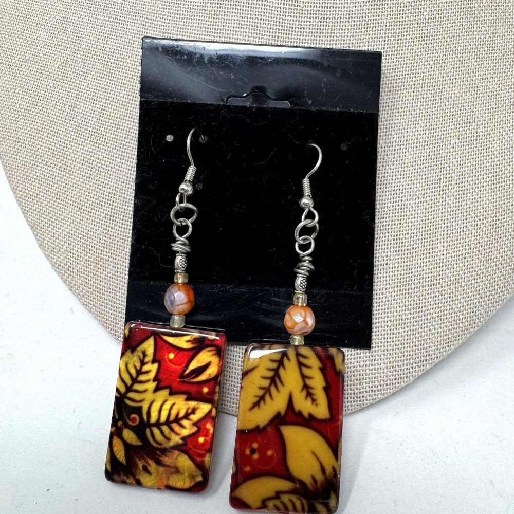 Handcrafted Mother of Pearl Autumn Leaf Dangle Earrings With Glass Beads & Silve